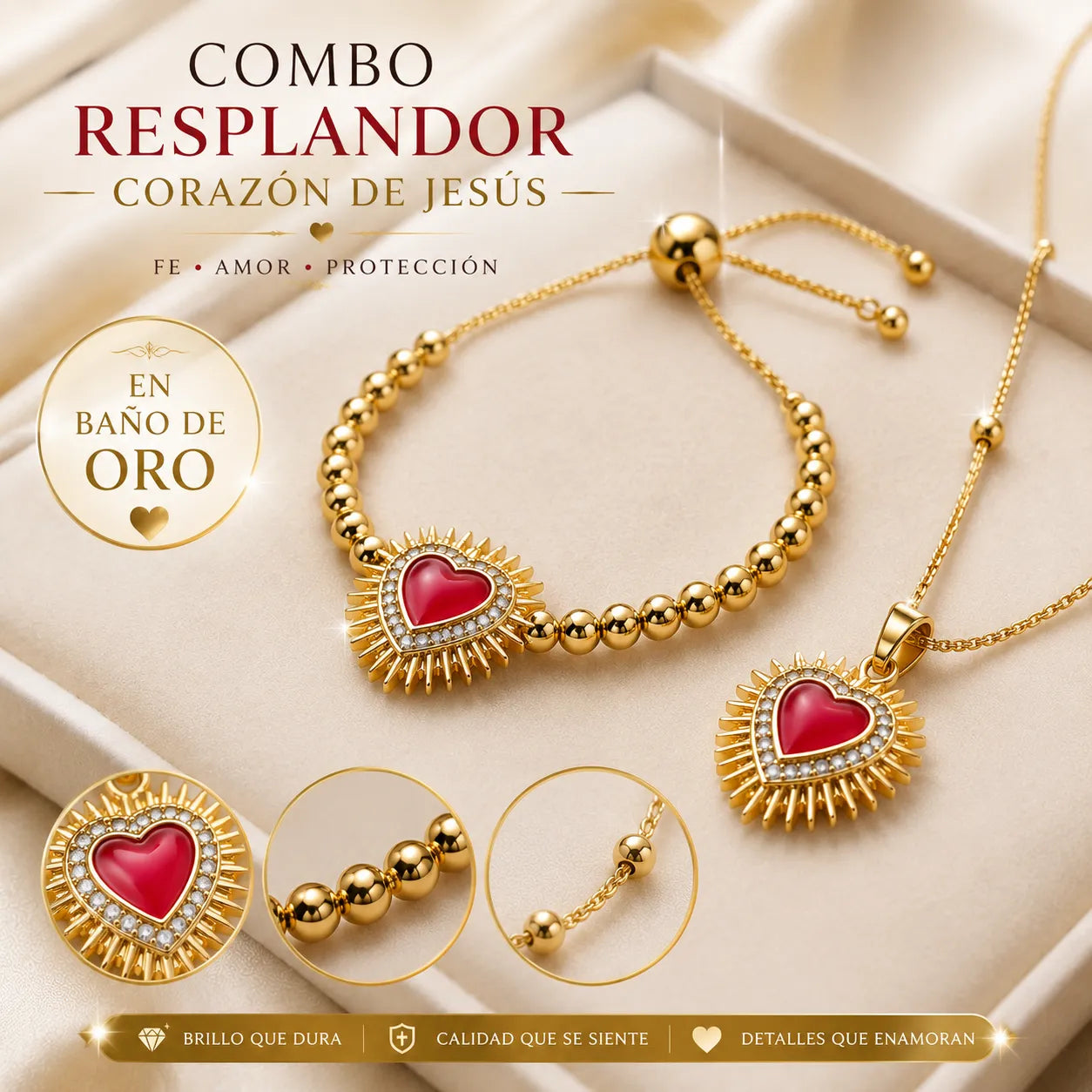 Combo Resplandor Del Sagrado Corazon De Jesus - Collar y Pulsera