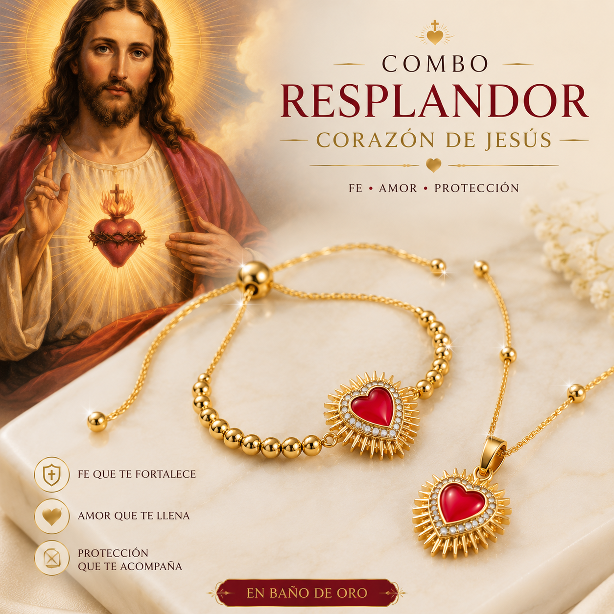 Combo Resplandor Del Sagrado Corazon De Jesus - Collar y Pulsera