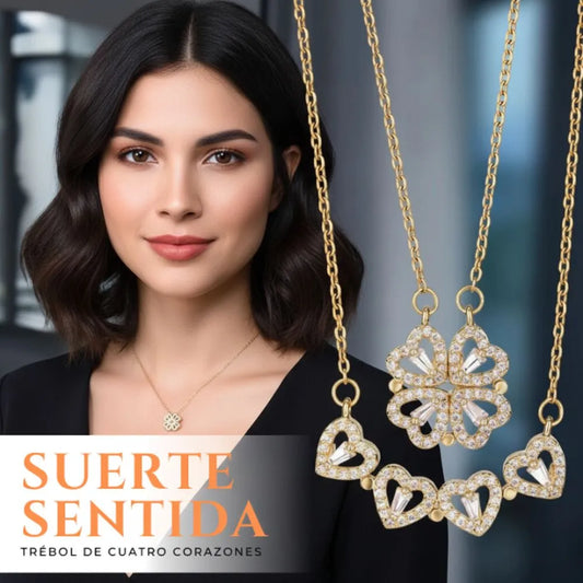 COLLAR DE LOS DESEOS TREBOL DE 4 CORAZONES 2 EN 1