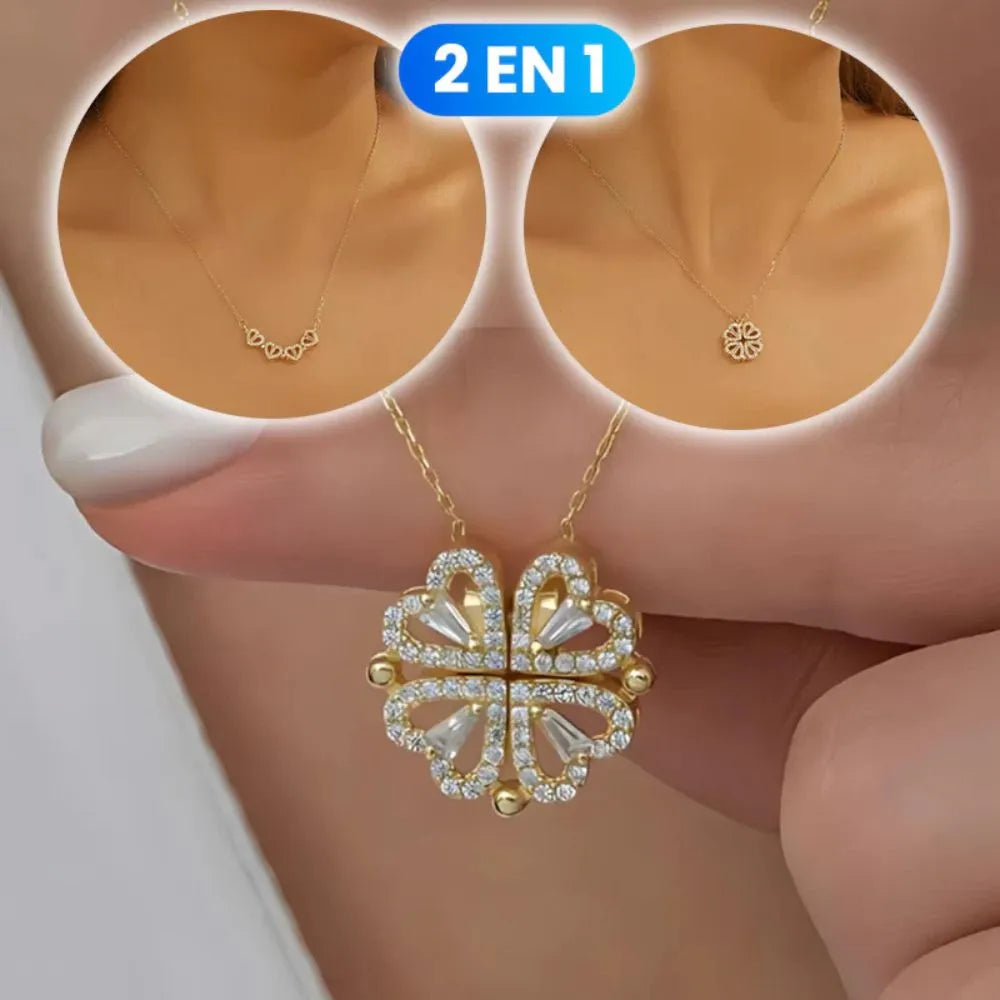 COLLAR DE LOS DESEOS TREBOL DE 4 CORAZONES 2 EN 1