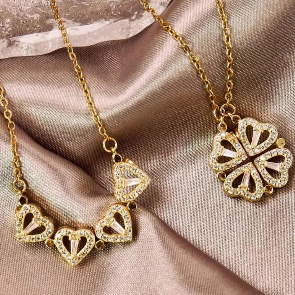 COLLAR DE LOS DESEOS TREBOL DE 4 CORAZONES 2 EN 1