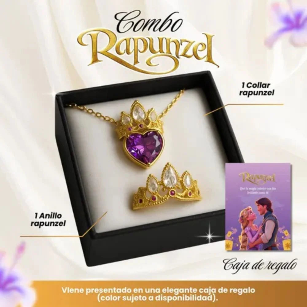 COMBO RAPUNZEL - COLLAR Y ANILLO CORONA   👑🐸💜