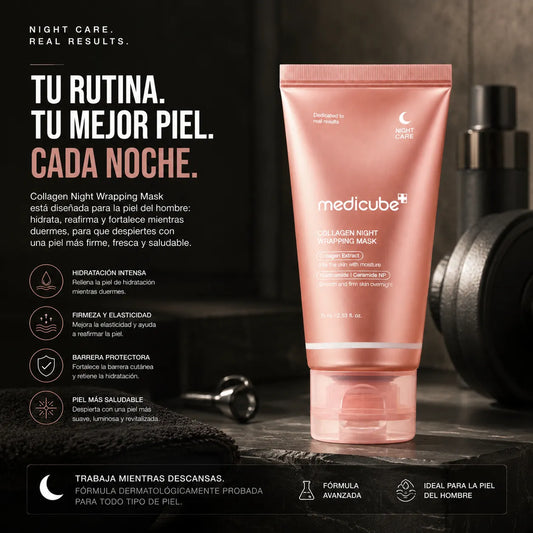 MASCARILLA DE COLAGENO NOCTURNA MEDICUBE- UN HOMBRES FUERTE TAMBIEN SE CUIDA🧴 🌙 ✨